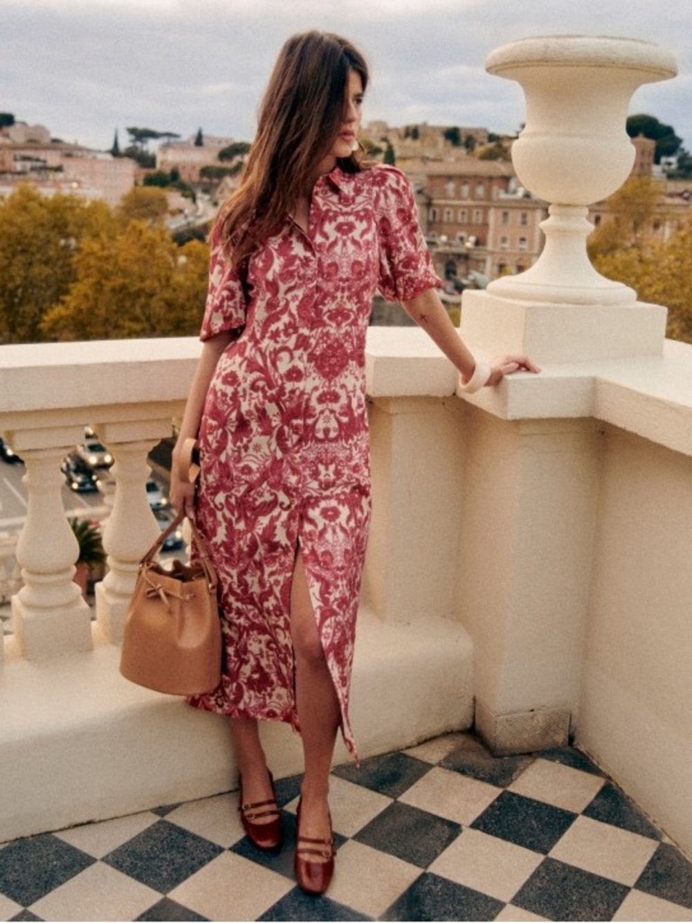 Sezane Etia 2 Magda Wine Floral Linen Maxi Dress Puff Sleeves Parisian Chic NWT